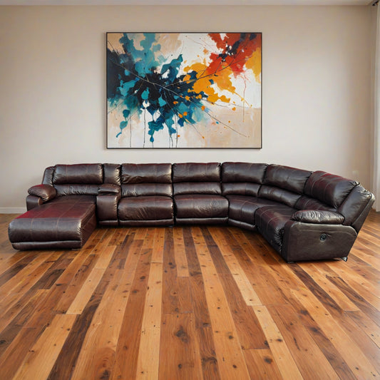 Brown Leather Sectional with Chaise + Cup Holders