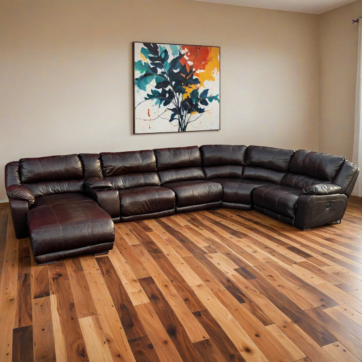 Brown Leather Sectional with Chaise + Cup Holders