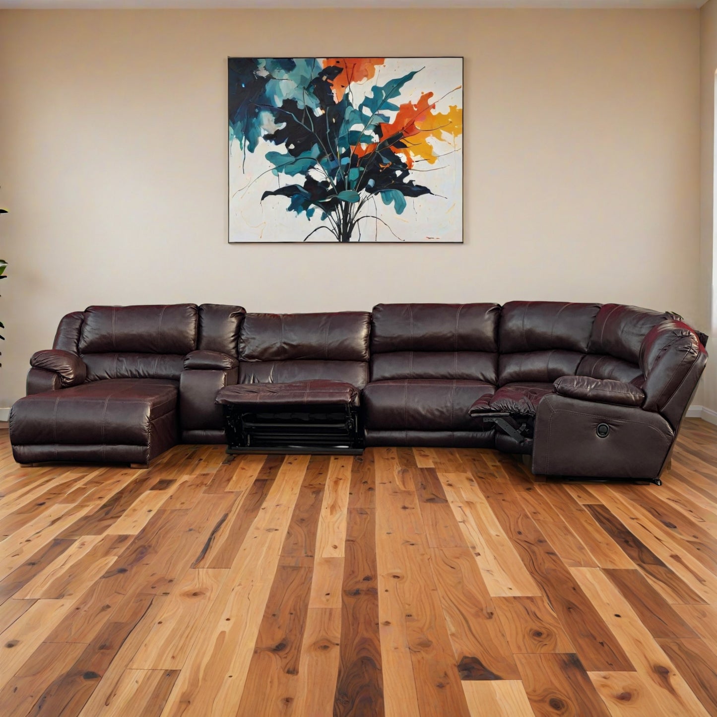 Brown Leather Sectional with Chaise + Cup Holders