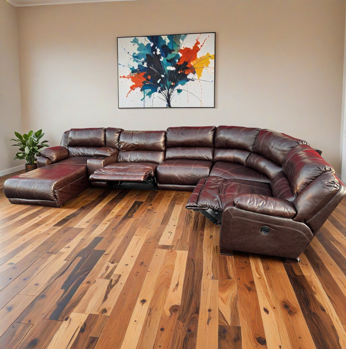 Brown Leather Sectional with Chaise + Cup Holders