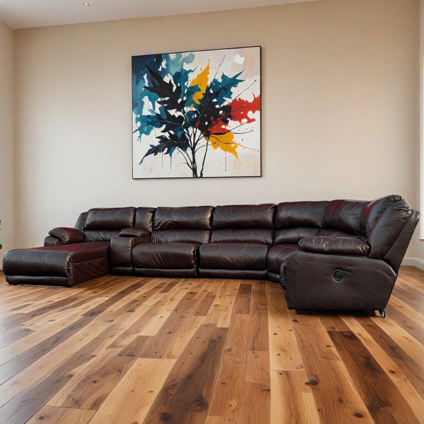 Brown Leather Sectional with Chaise + Cup Holders