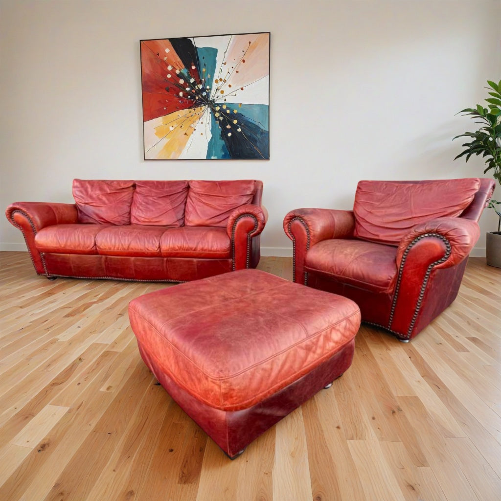 Genuine Leather Sofa, Loveseat & Ottoman Set